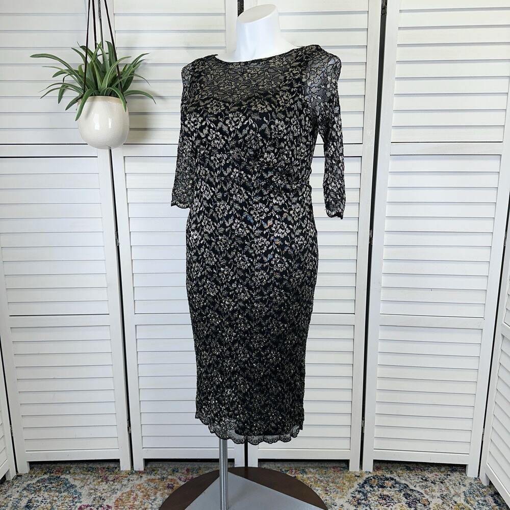 Kiyonna Black Gold Floral Lace Lined Sheath Dress Party Cocktail Plus Size 1X